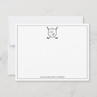 Elegante schwarze Golf-Monogramm-Wappen-Flat-Notiz Mitteilungskarte