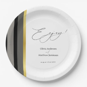 Elegante schwarze graue goldene Streifen Hochzeit Pappteller