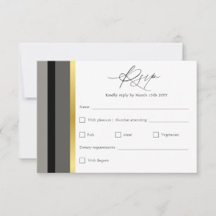 Elegante schwarze graue goldene Streifen Hochzeit RSVP Karte