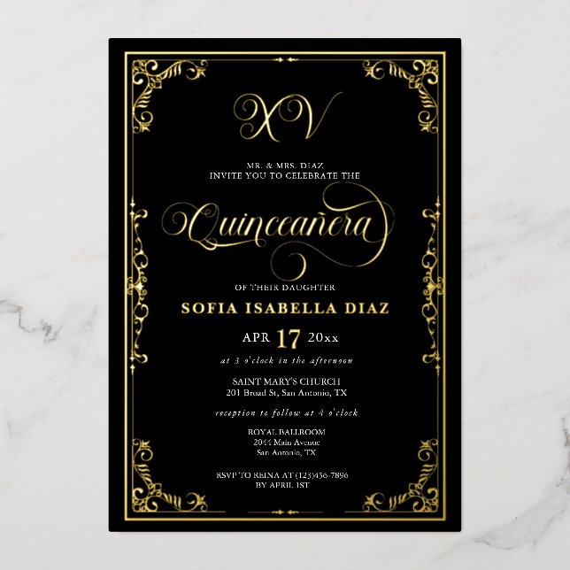 Elegante schwarze Grenze Quinceañera Gold oder Sil Folieneinladung (Vorderseite)