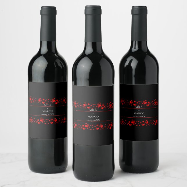 Elegante schwarze Herzen Weinetikett (Flaschen)