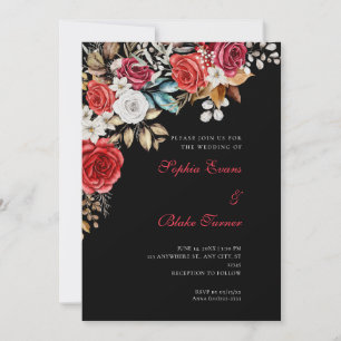 Elegante Schwarze Hochzeit in Rot und Weiß-Rose Einladung