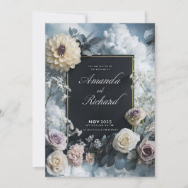 Elegante Schwarze Hochzeit mit Blumenborde Einladung