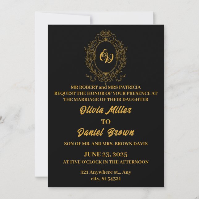 Elegante schwarze Hochzeit mit floralem Logo-Rahme Einladung (Vorderseite)