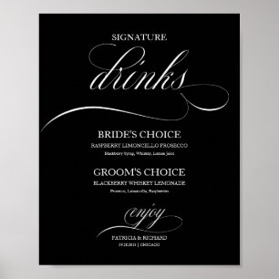Elegante schwarze Hochzeitssignatur-Drinks-Tafel Poster