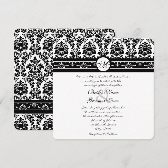 Elegante Schwarze Imitate graviert BlumenDamaskus  Einladung (Vorne/Hinten)