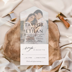 Elegante schwarze Kalligrafie-Foto-Hochzeit All In One Einladung