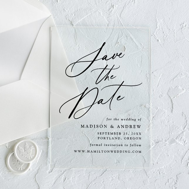 Elegante Schwarze Kalligrafie Hochzeit speichern S Acryleinladungen (Von Creator hochgeladen)