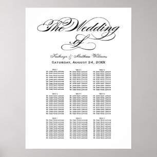 Elegante schwarze Kalligrafie-Hochzeits-Sitzordnun Poster
