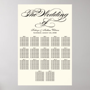 Elegante schwarze Kalligrafie-Hochzeitssitzordnung Poster