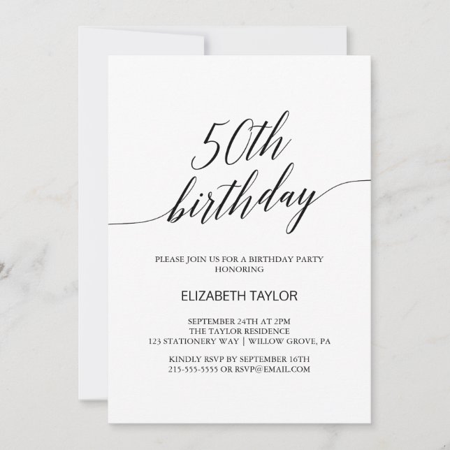 Elegante Schwarze Kalligraphie 50. Geburtstag Einladung (Vorderseite)