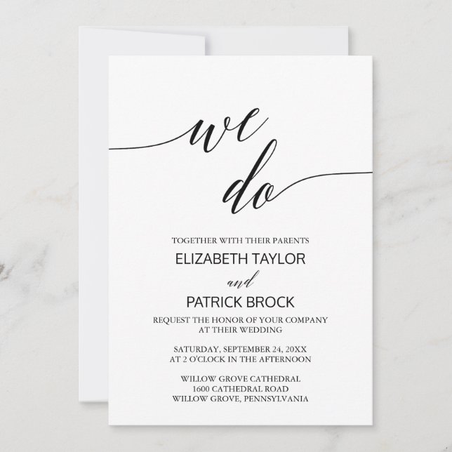 Elegante Schwarze Kalligraphie "We Do" Hochzeit Einladung (Vorderseite)