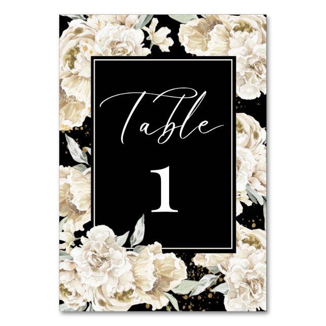 Elegante, schwarze Kalligraphie, weiße Blumenhochz Tischnummer (Vorderseite)