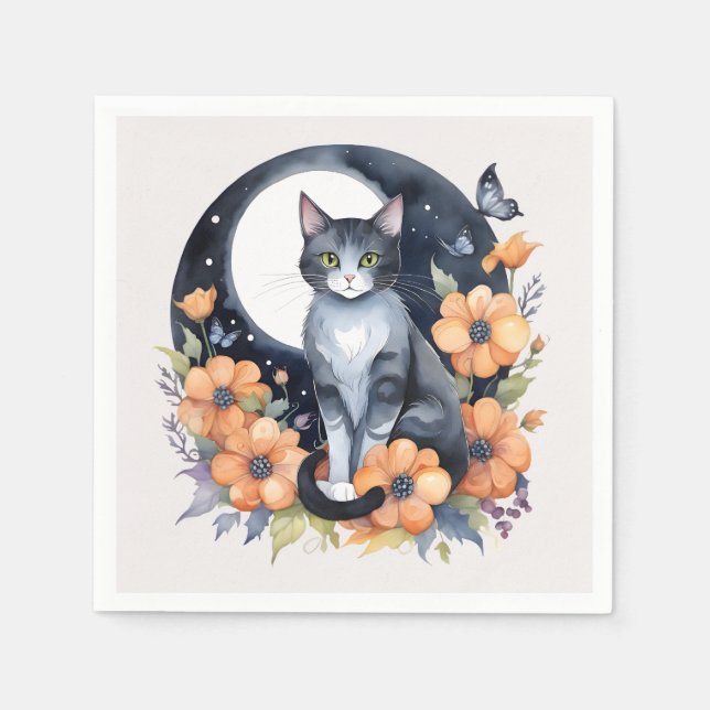 Elegante Schwarze Katze Blumenmoon Kunst, Dichtung Serviette (Vorderseite)