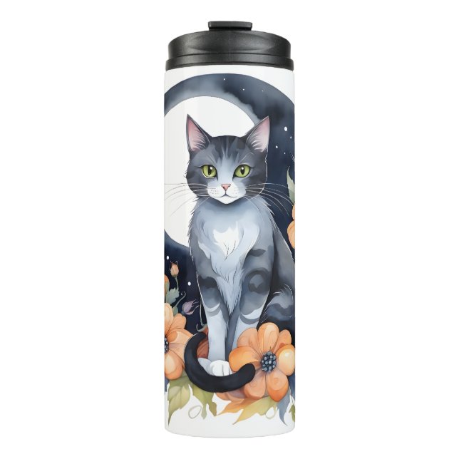 Elegante Schwarze Katze Blumenmoon Kunst, Dichtung Thermosbecher (Vorderseite)