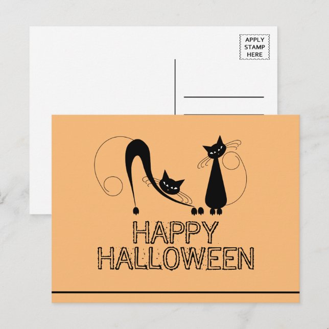 Elegante schwarze Katze, glückliche Halloween-Post Einladungspostkarte (Vorne/Hinten)