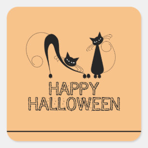 Elegante schwarze Katze, glückliches Halloween Quadratischer Aufkleber