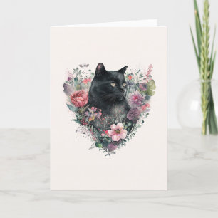 Elegante Schwarze Katze mit Blume Valentinstag Hol Feiertagskarte