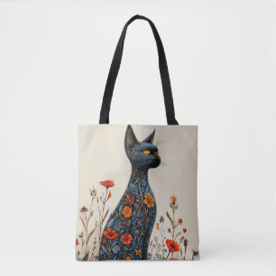 Elegante schwarze Katze mit Blumen Ästhetik Tasche
