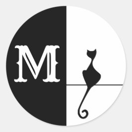 Elegante schwarze Katze mit Inital Runder Aufkleber