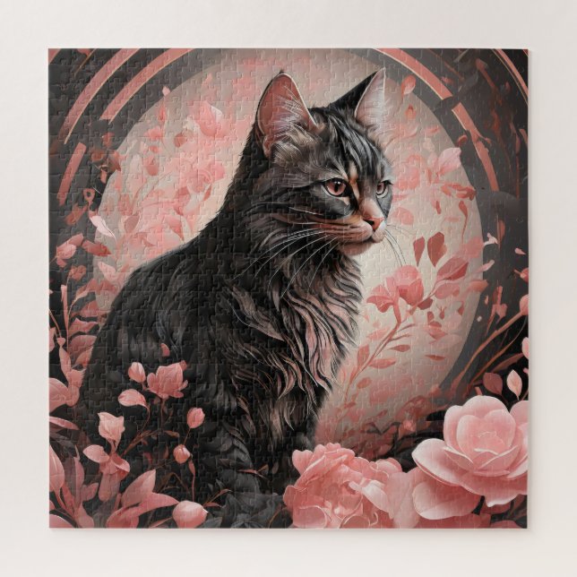 Elegante schwarze Katze umgeben von rosa Blume (Vertikal)