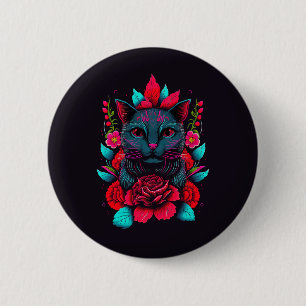 Elegante schwarze Katze umgeben von Rote Rosen   Button
