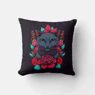 Elegante schwarze Katze umgeben von Rote Rosen   Kissen