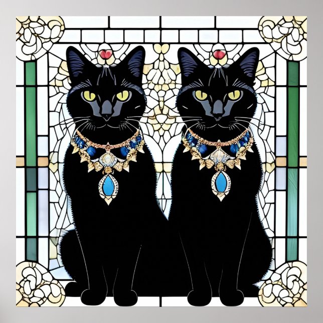 Elegante schwarze Katzen mit Schmuck Poster (Vorne)