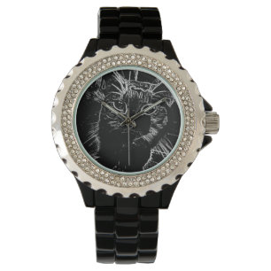 Elegante schwarze Katzen-Uhr Armbanduhr