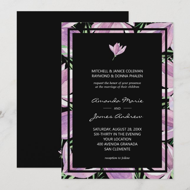 Elegante Schwarze Lila Blumenhochzeit Einladung (Vorne/Hinten)