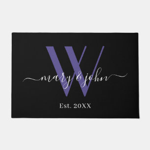 Elegante Schwarze Lila Monogram-Namen Script-Hochz Fußmatte