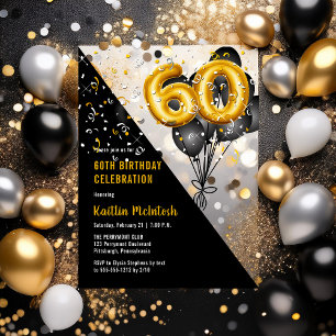 Elegante schwarze Luftballons Goldene 60. Geburt Acryleinladungen