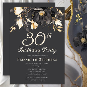 Elegante schwarze Magnolien-Blumen zum 30. Geburts Einladung