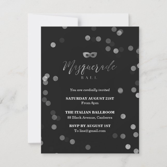 Elegante schwarze Maskerade-Ball-Party Einladung (Vorderseite)