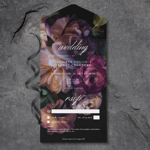 Elegante schwarze, melancholische Blumenhochzeit o All In One Einladung