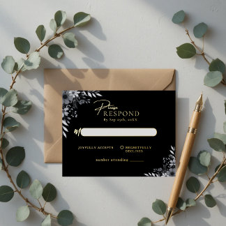 Elegante schwarze minimalistische florale Hochzeit Folie Einladungspostkarte