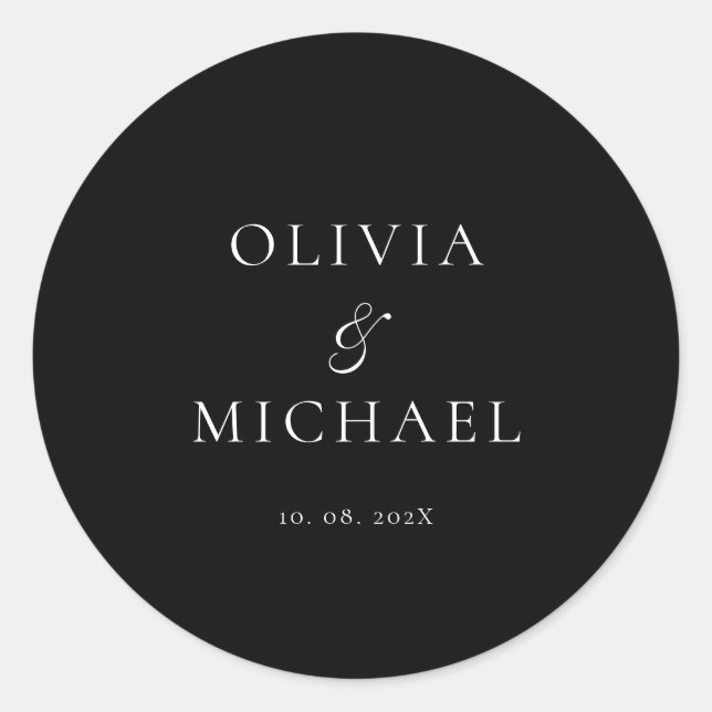 Elegante Schwarze Minimalistische Hochzeitsschrift Runder Aufkleber (Vorderseite)