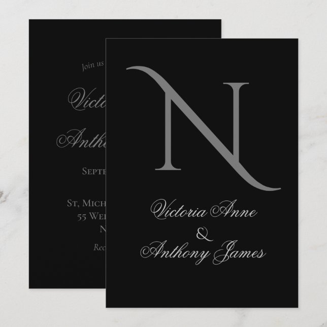 Elegante Schwarze Monogramm erste Hochzeit Einladung (Vorne/Hinten)