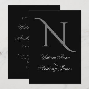Elegante Schwarze Monogramm erste Hochzeit Einladung