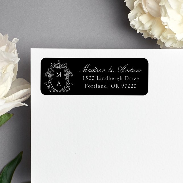 Elegante schwarze Monogramm-Hochzeitsanschrift (Von Creator hochgeladen)