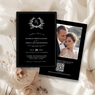 Elegante schwarze Monogramm-Wappen-QR-Code-Hochzei Einladung