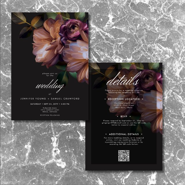Elegante Schwarze Moody floral zwei Seiten Einladung (Elegant Black Moody Floral Two Sided Invitation)