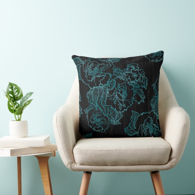 Elegante Schwarze Peonies Pillow Aquamarin Kissen (Stuhl )