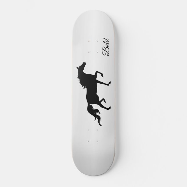 Elegante schwarze Pferde-Silhouette auf grauem Gra Skateboard (Vorderseite)