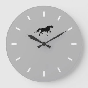 Elegante schwarze Pferdesilhouette auf Silbergrau Große Wanduhr