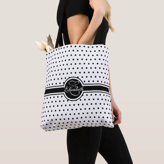 Elegante schwarze Polka-Punkte auf weißem Monogram Tasche (Von Nahem)