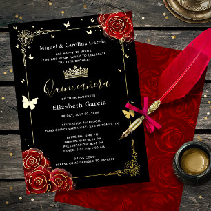 Elegante schwarze Quinceanera rote Rose echtes Gol Folieneinladung