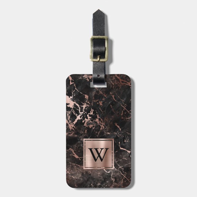 Elegante Schwarze Rose Gold Marmor Monogram Vertik Gepäckanhänger (Vorderseite vertikal)