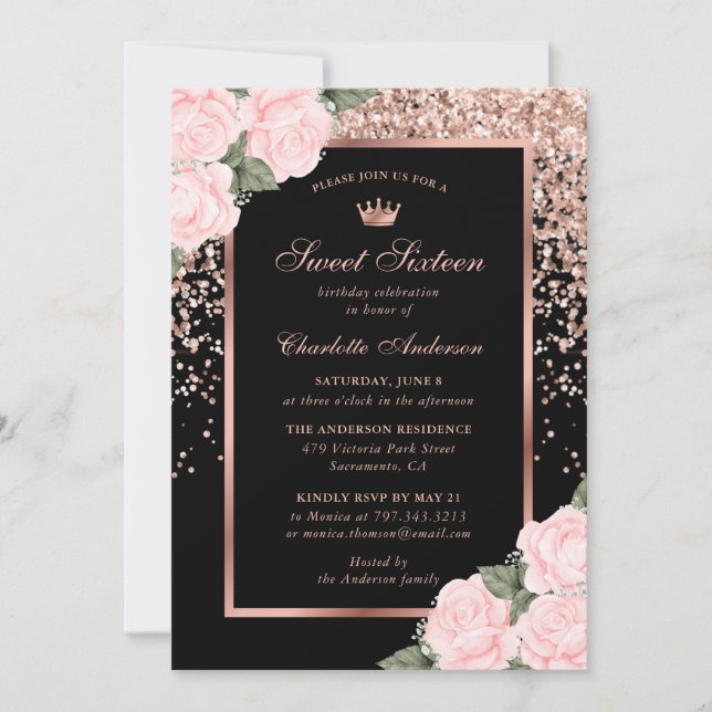 Elegante Schwarze Rose Gold Pink Sweet 16 Geburtst Einladung (Vorderseite)