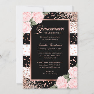 Elegante Schwarze Rose Gold Rosa Flora Quinceñera Einladung